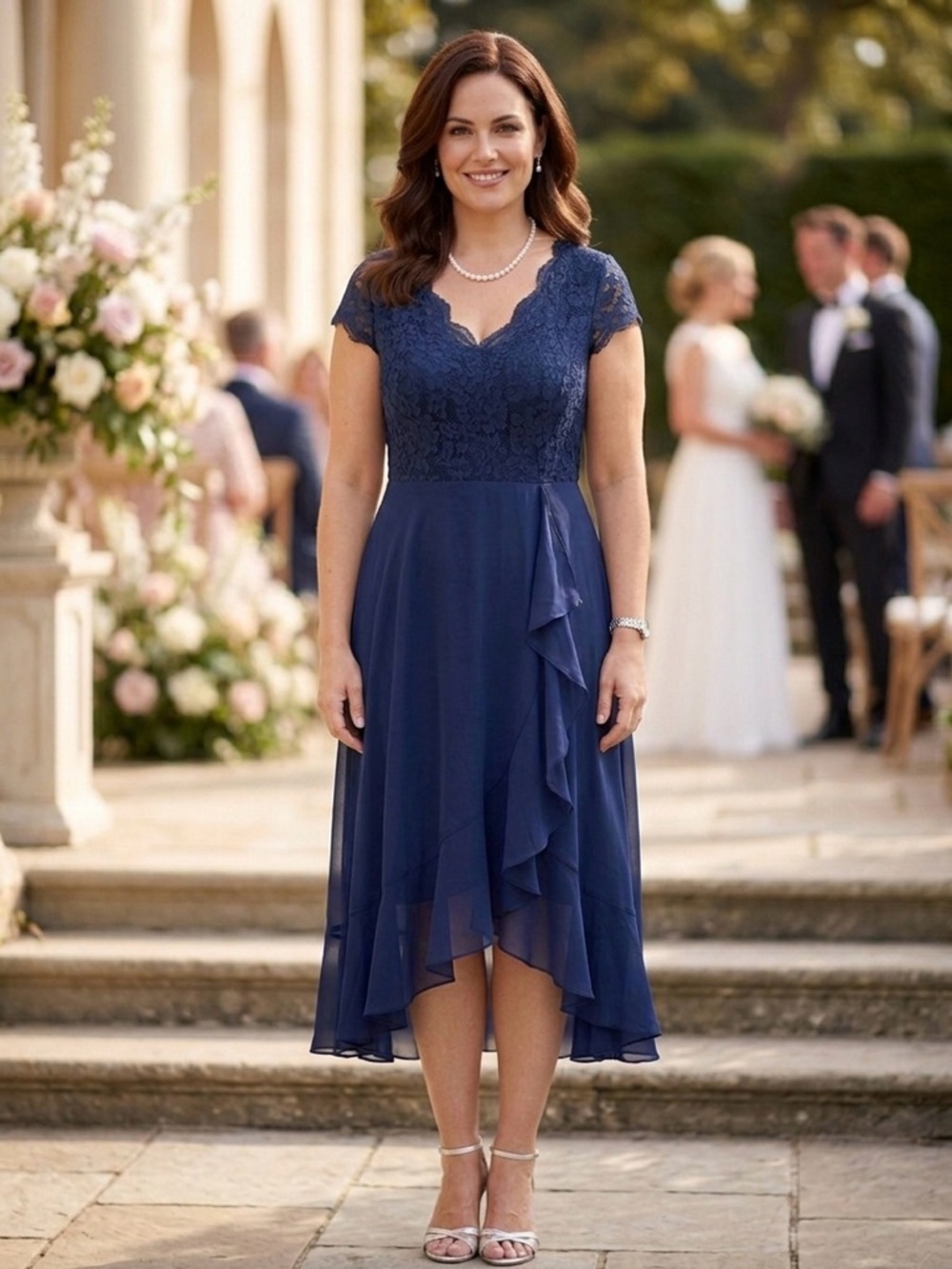 Navy Blue Lace Chiffon Ruffle Midi Dress Wedding Guest Formal Cocktail Party